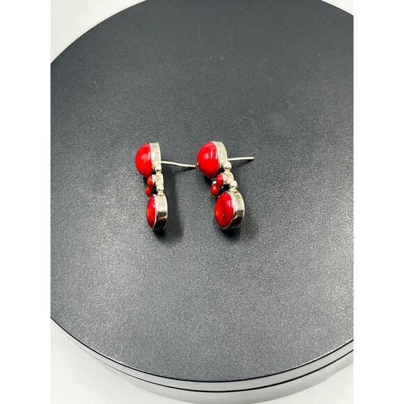 Vintage 950 Mexican Sterling Silver Red Coral Drop Post Earrings Taxco Style - Picture 11 of 11